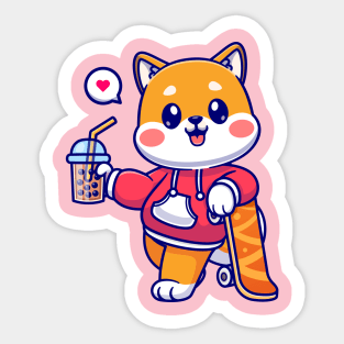 Cute Shiba Inu Drink Boba Milk Tea With Skateboard  Cartoon Sticker